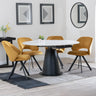 Carrara White Ceramic 4 Seater Round Extending Dining Set - 4 Ion Mustard Velvet Fabric Swivel Dining Chair