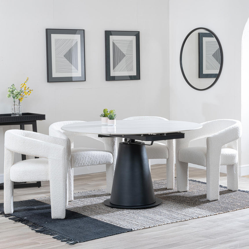 Carrara White Ceramic 4 Seater Round Extending Dining Set - 4 Kiefer Cream Boucle Fabric Dining Chair-2