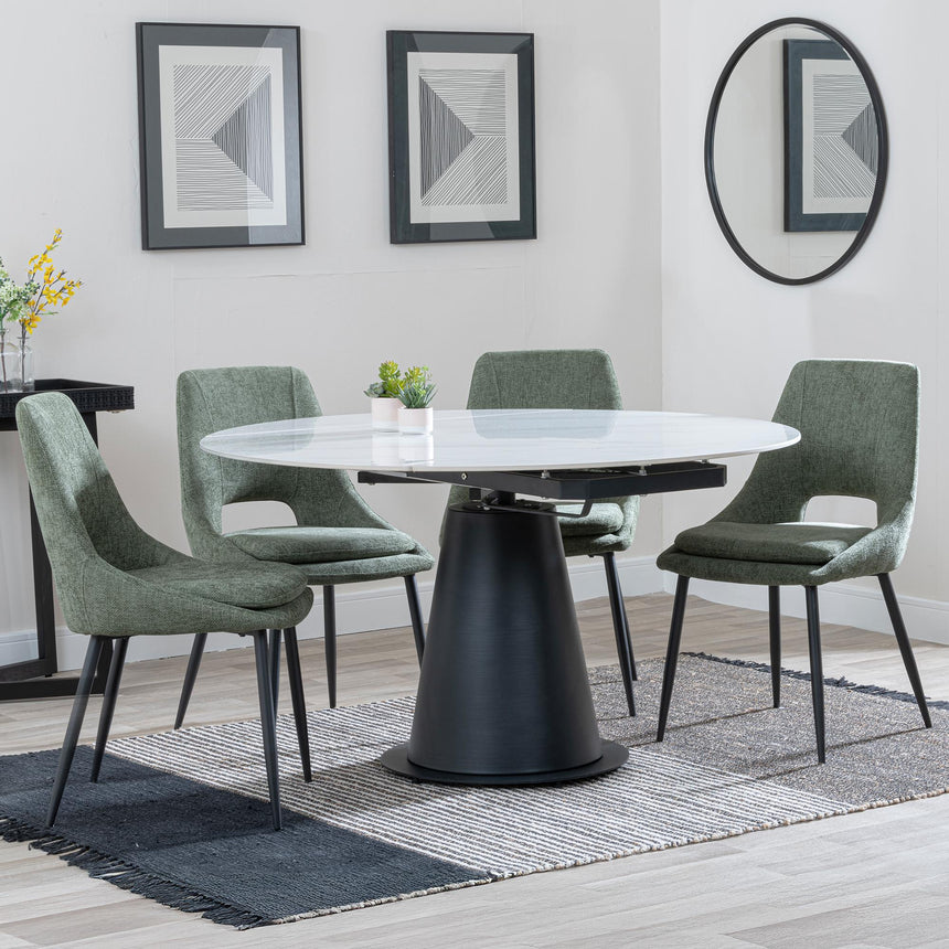Carrara White Ceramic 4 Seater Round Extending Dining Set - 4 Peyton Green Fabric Dining Chair-4