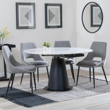 Carrara White Ceramic 4 Seater Round Extending Dining Set - 4 Peyton Grey Fabric Dining Chair-3