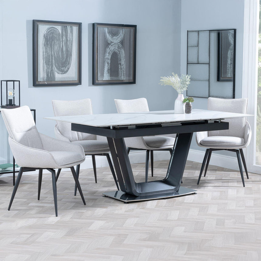 Alpha White Ceramic Extending Dining Set - Ace Beige Fabric Swivel Dining Chair-3