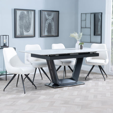 Alpha White Ceramic Extending Dining Set - Arctic Cream Velvet Fabric Swivel Dining Chair-4
