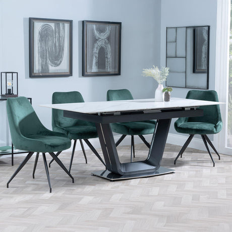 Alpha White Ceramic Extending Dining Set - Arctic Green Velvet Fabric Swivel Dining Chair-2