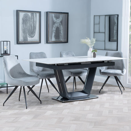 Alpha White Ceramic Extending Dining Set - Arctic Grey Velvet Fabric Swivel Dining Chair-3