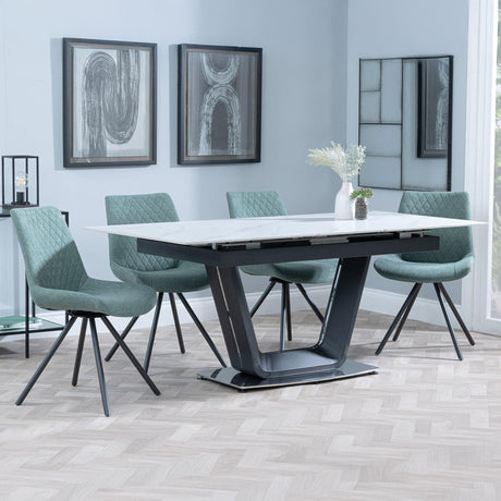 Alpha White Ceramic Extending Dining Set - Boden Green Fabric Swivel Dining Chair