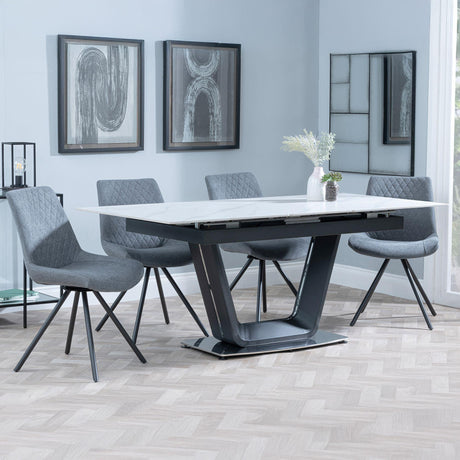 Alpha White Ceramic Extending Dining Set - Boden Grey Fabric Swivel Dining Chair-6