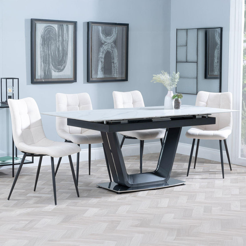 Alpha White Ceramic Extending Dining Set - Corona Beige Fabric Dining Chair-3