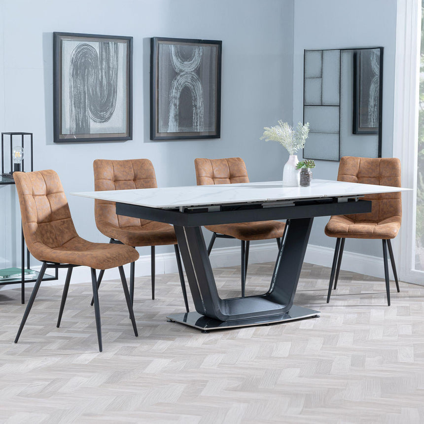 Alpha White Ceramic Extending Dining Set - Corona Brown Fabric Dining Chair-8
