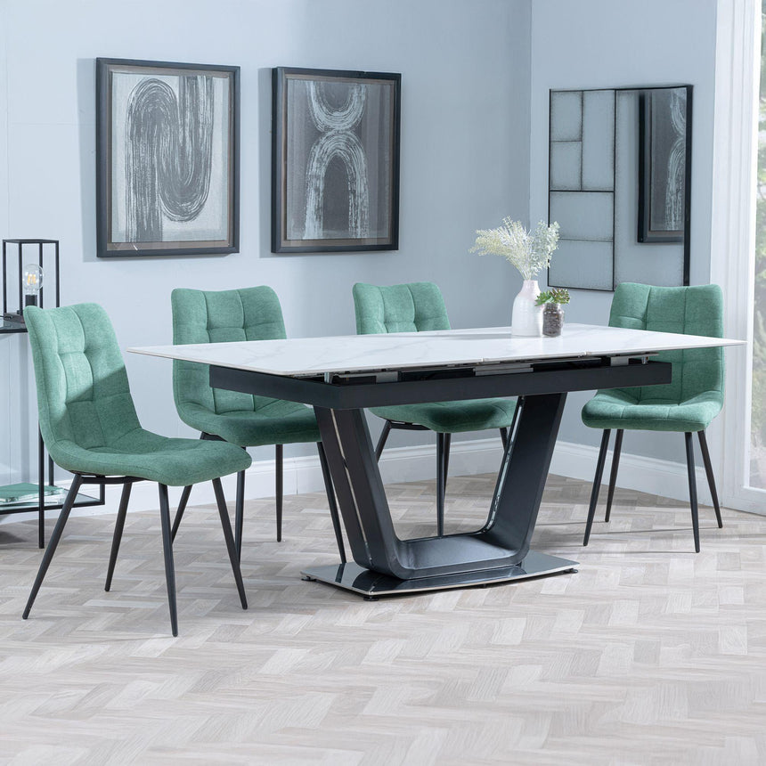 Alpha White Ceramic Extending Dining Set - Corona Green Fabric Dining Chair-6