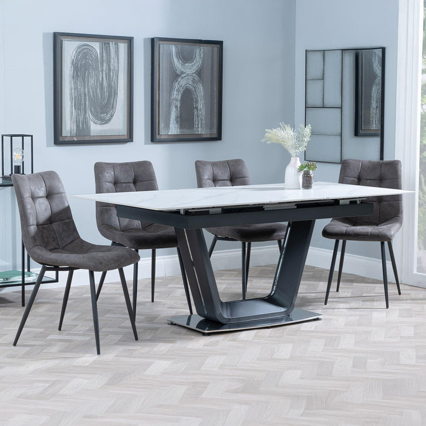 Alpha White Ceramic Extending Dining Set - Corona Grey Fabric Dining Chair-9