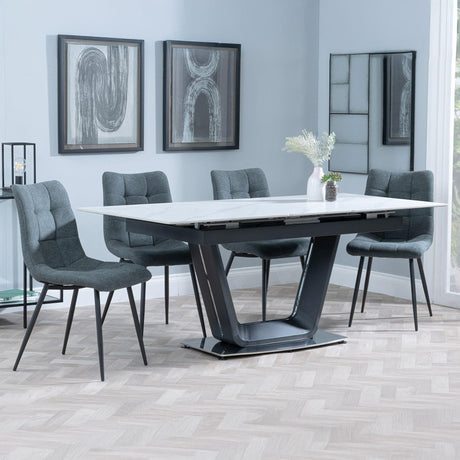 Alpha White Ceramic Extending Dining Set - Corona Light Grey Fabric Dining Chair-7