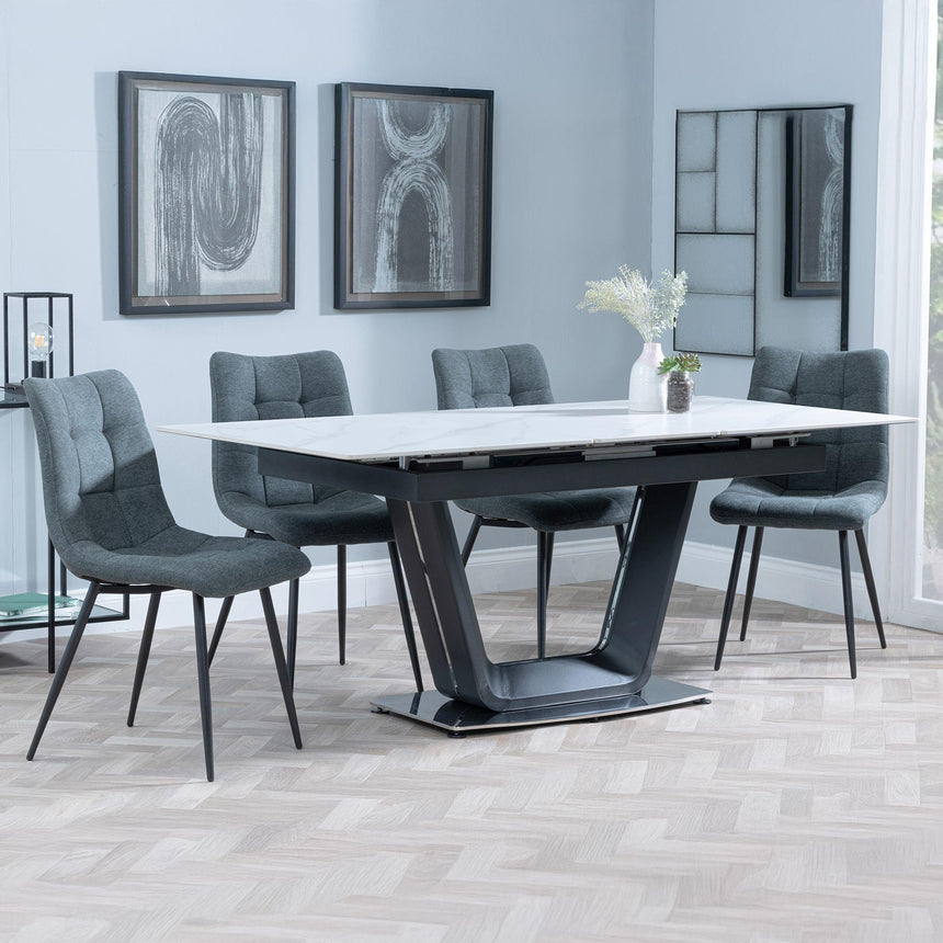 Alpha White Ceramic Extending Dining Set - Corona Light Grey Fabric Dining Chair-7