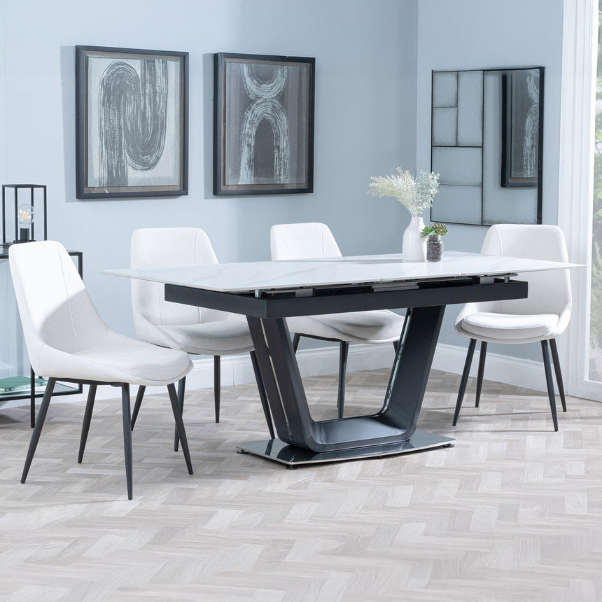 Alpha White Ceramic Extending Dining Set - Darwin Cream Fabric Dining Chair-2