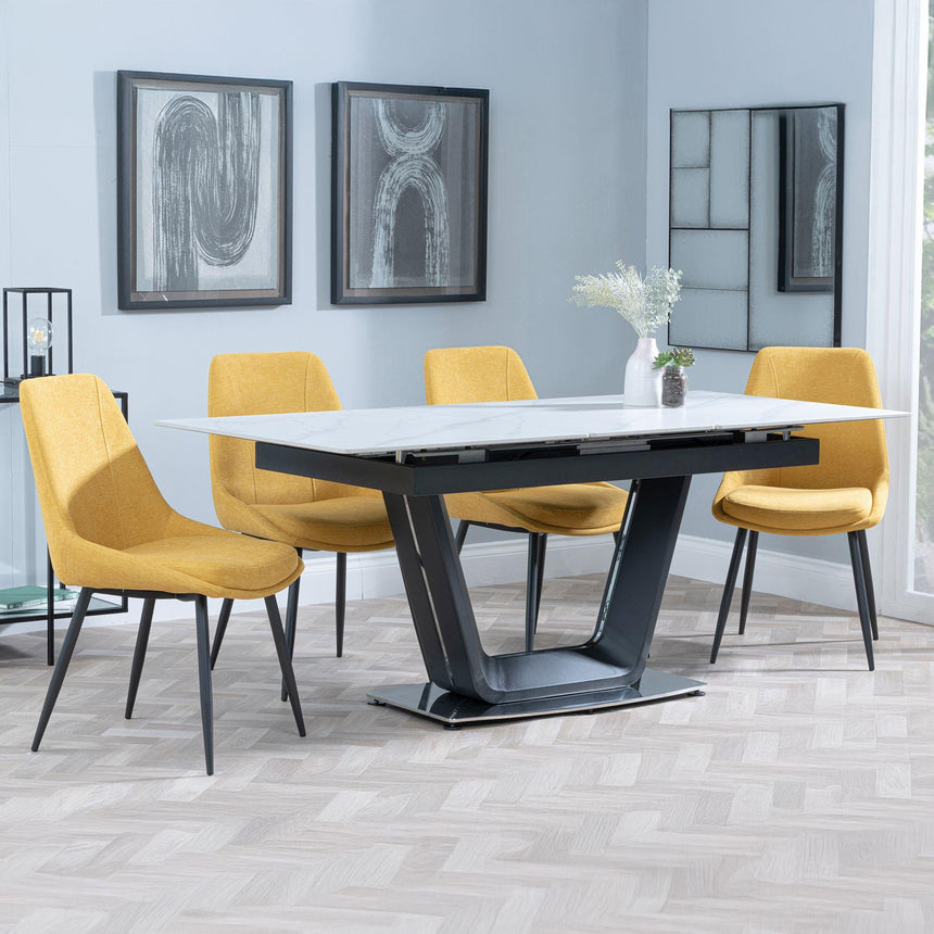 Alpha White Ceramic Extending Dining Set - Darwin Yellow Fabric Dining Chair-3
