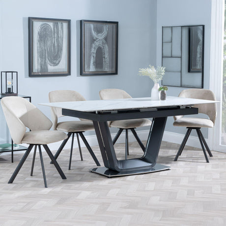 Alpha White Ceramic Extending Dining Set - Ion Beige Velvet Fabric Swivel Dining Chair-2