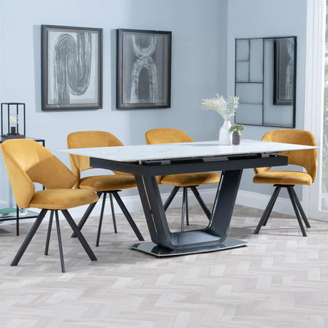 Alpha White Ceramic Extending Dining Set - Ion Mustard Velvet Fabric Swivel Dining Chair
