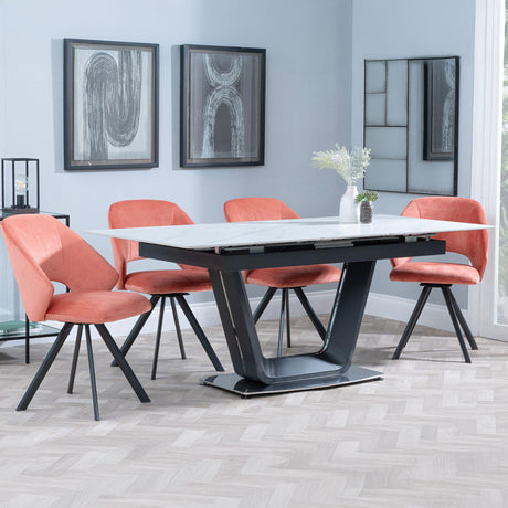 Alpha White Ceramic Extending Dining Set - Ion Orange Velvet Fabric Swivel Dining Chair-4
