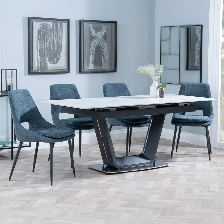Alpha White Ceramic Extending Dining Set - Peyton Blue Fabric Dining Chair-2