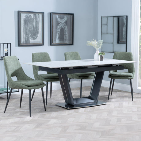Alpha White Ceramic Extending Dining Set - Peyton Green Fabric Dining Chair-4