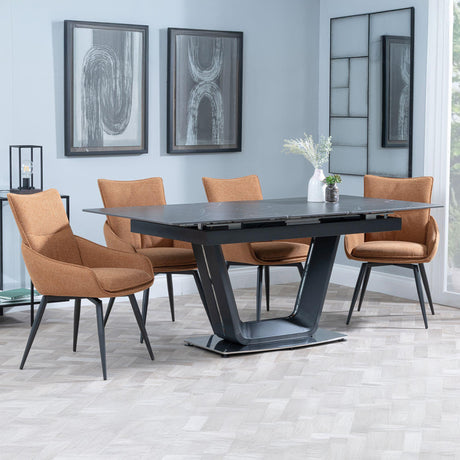 Alpha Black Ceramic Extending Dining Set - Ace Orange Fabric Swivel Dining Chair
