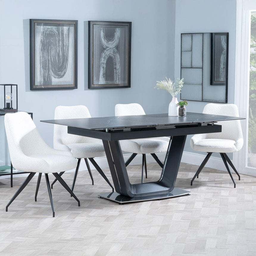 Alpha Black Ceramic Extending Dining Set - Arctic Cream Velvet Fabric Swivel Dining Chair-4