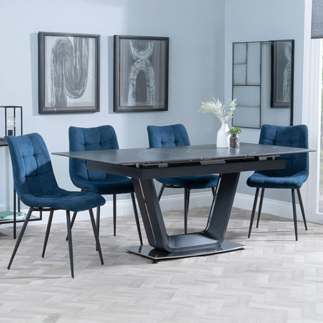 Alpha Black Ceramic Extending Dining Set - Corona Blue Fabric Dining Chair-5