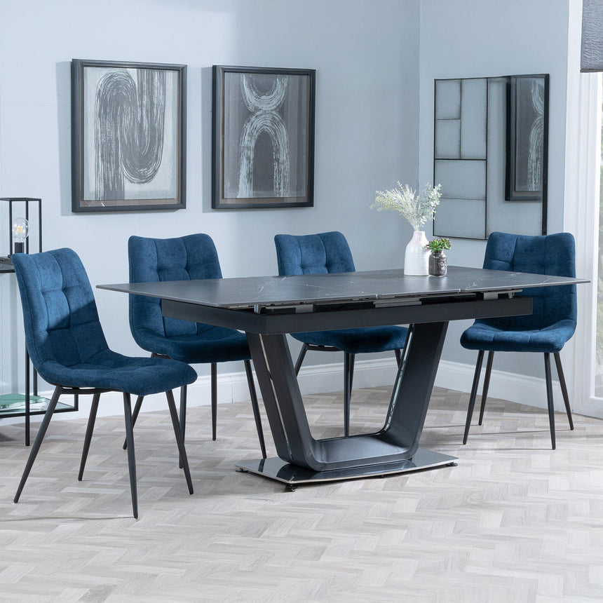 Alpha Black Ceramic Extending Dining Set - Corona Blue Fabric Dining Chair-5