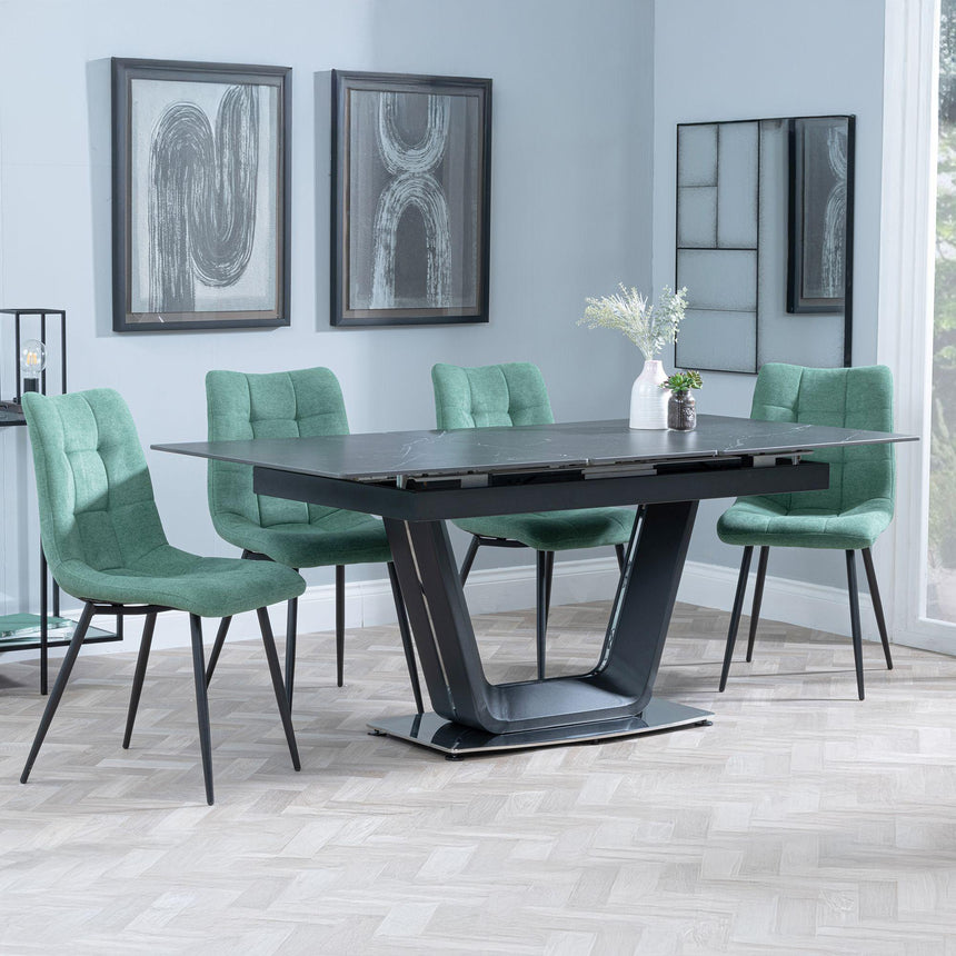 Alpha Black Ceramic Extending Dining Set - Corona Green Fabric Dining Chair-6