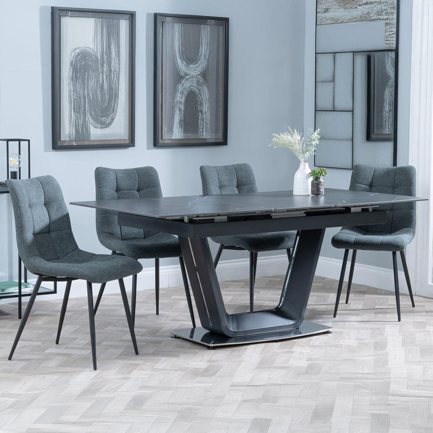 Alpha Black Ceramic Extending Dining Set - Corona Light Grey Fabric Dining Chair-7