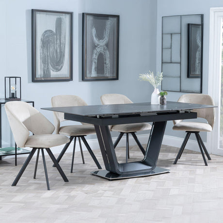 Alpha Black Ceramic Extending Dining Set - Ion Beige Velvet Fabric Swivel Dining Chair-2