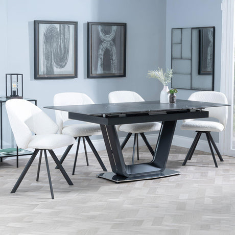 Alpha Black Ceramic Extending Dining Set - Ion Cream Boucle Teddy Fabric Swivel Dining Chair-5
