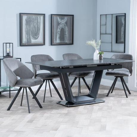 Alpha Black Ceramic Extending Dining Set - Ion Dark Grey Velvet Fabric Swivel Dining Chair-3