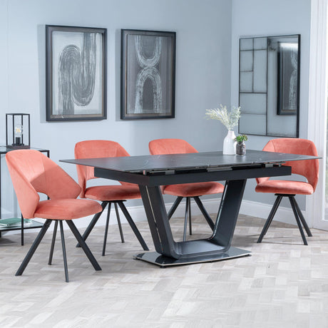 Alpha Black Ceramic Extending Dining Set - Ion Orange Velvet Fabric Swivel Dining Chair-4