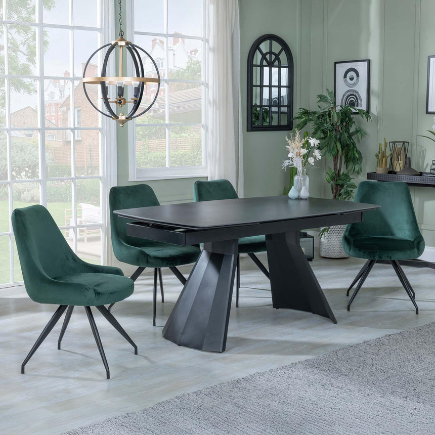 Kinston Black Ceramic Extending Dining Set - Arctic Green Velvet Fabric Swivel Dining Chair-2