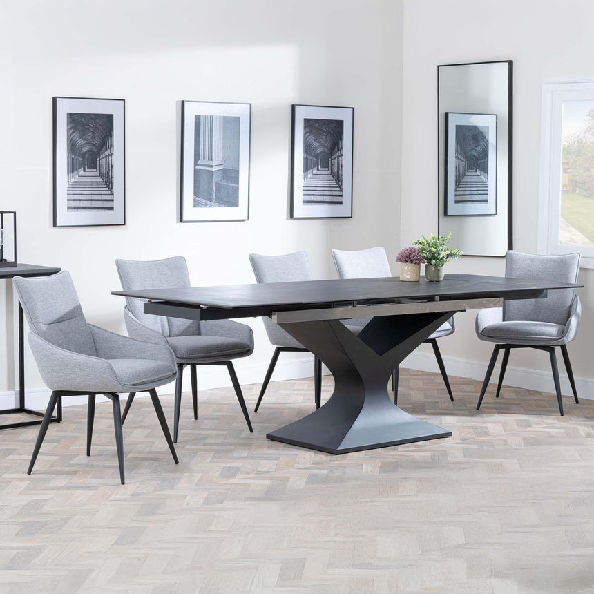 Anvik Black Ceramic Extending Dining Set - Ace Grey Fabric Swivel Dining Chair-2