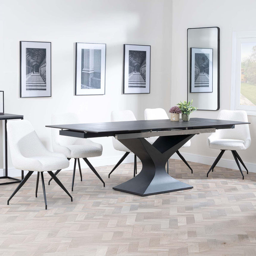 Anvik Black Ceramic Extending Dining Set - Arctic Cream Velvet Fabric Swivel Dining Chair-4