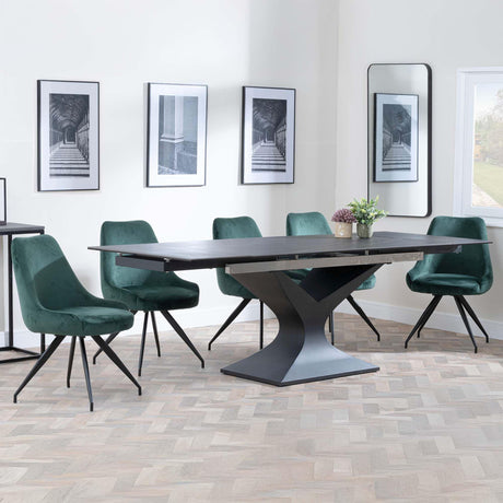 Anvik Black Ceramic Extending Dining Set - Arctic Green Velvet Fabric Swivel Dining Chair-2