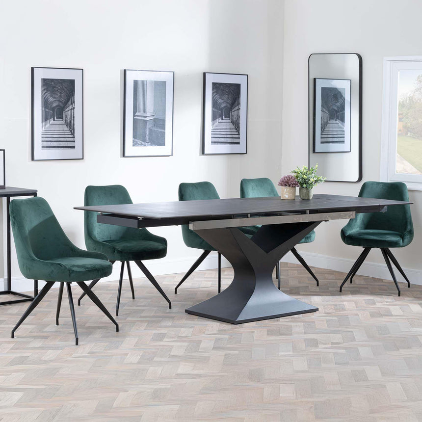 Anvik Black Ceramic Extending Dining Set - Arctic Green Velvet Fabric Swivel Dining Chair-2
