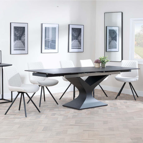 Anvik Black Ceramic Extending Dining Set - Boden Cream Fabric Swivel Dining Chair-3