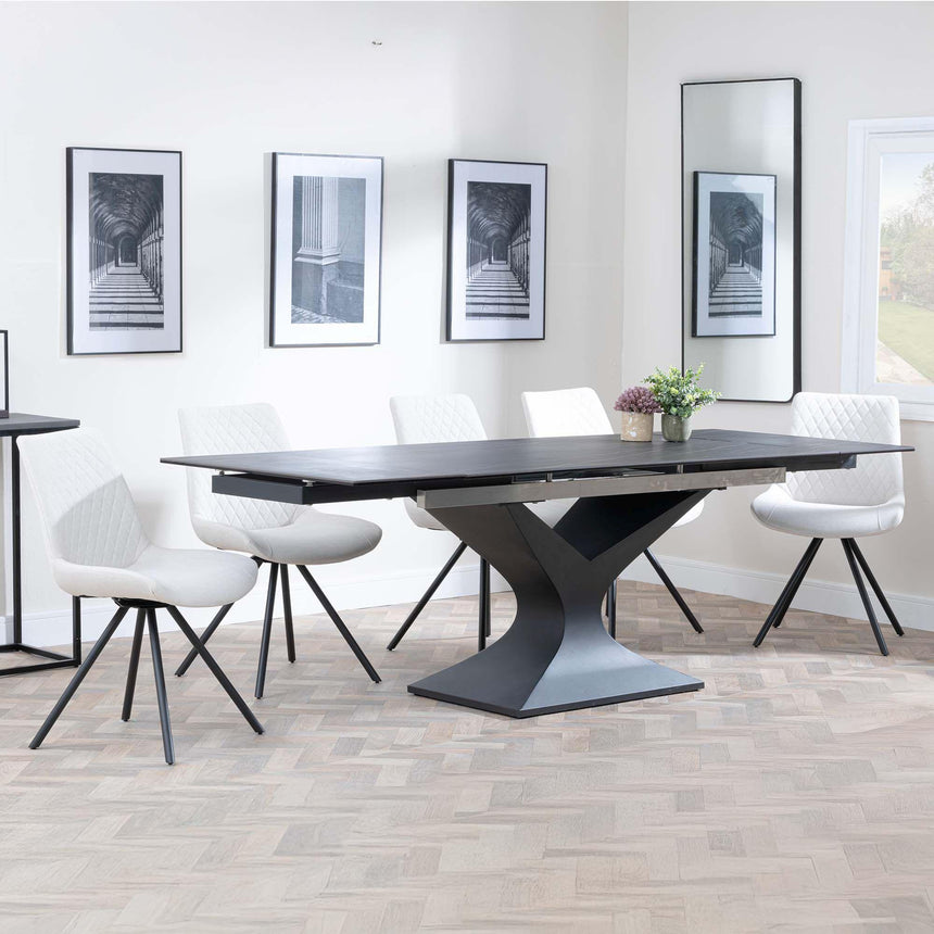Anvik Black Ceramic Extending Dining Set - Boden Cream Fabric Swivel Dining Chair-3
