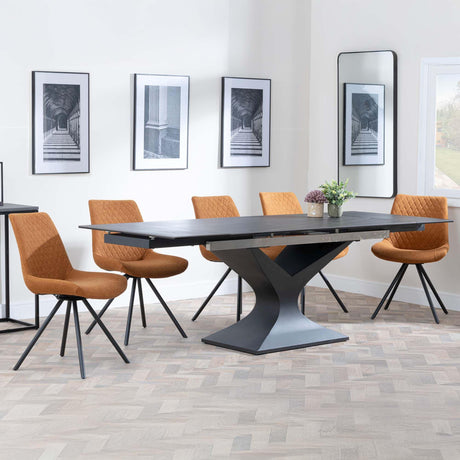 Anvik Black Ceramic Extending Dining Set - Boden Orange Fabric Swivel Dining Chair-4