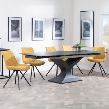 Anvik Black Ceramic Extending Dining Set - Boden Yellow Fabric Swivel Dining Chair-2