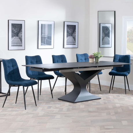 Anvik Black Ceramic Extending Dining Set - Corona Blue Fabric Dining Chair-5