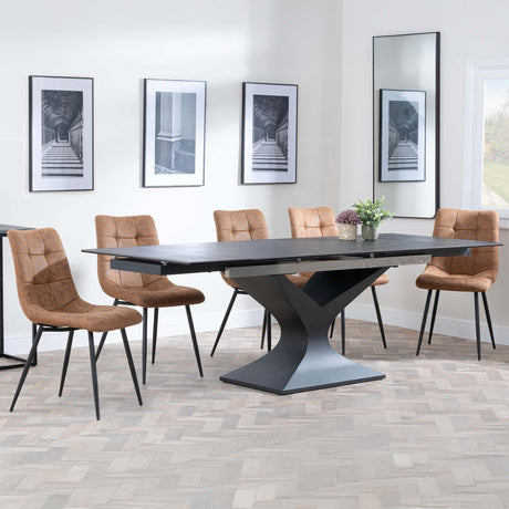 Anvik Black Ceramic Extending Dining Set - Corona Brown Fabric Dining Chair-8