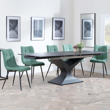 Anvik Black Ceramic Extending Dining Set - Corona Green Fabric Dining Chair-6