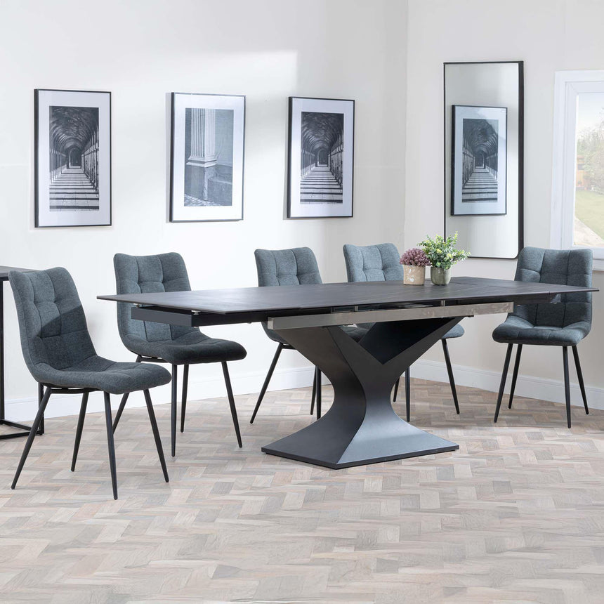 Anvik Black Ceramic Extending Dining Set - Corona Light Grey Fabric Dining Chair-7