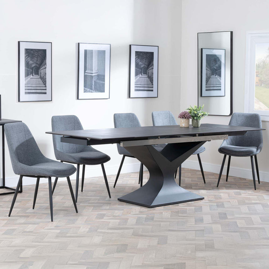 Anvik Black Ceramic Extending Dining Set - Darwin Grey Fabric Dining Chair-6