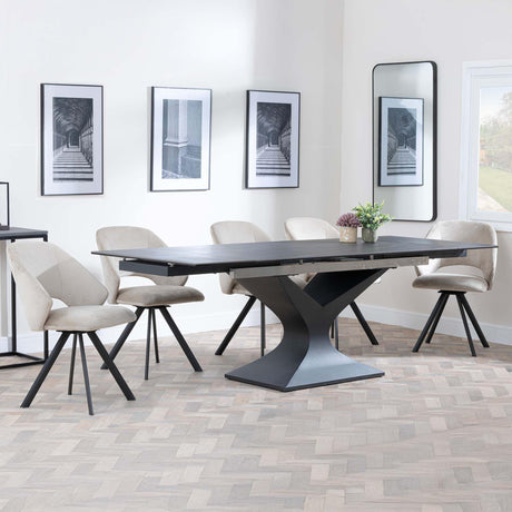 Anvik Black Ceramic Extending Dining Set - Ion Beige Velvet Fabric Swivel Dining Chair-2