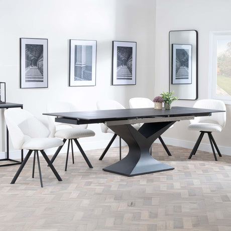 Anvik Black Ceramic Extending Dining Set - Ion Cream Boucle Teddy Fabric Swivel Dining Chair-5