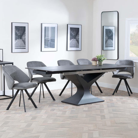 Anvik Black Ceramic Extending Dining Set - Ion Dark Grey Velvet Fabric Swivel Dining Chair-3